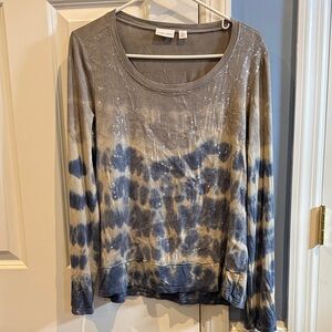 Tribal Jeans Gray and Blue Tie-Dye Sequin Long Sleeve Top